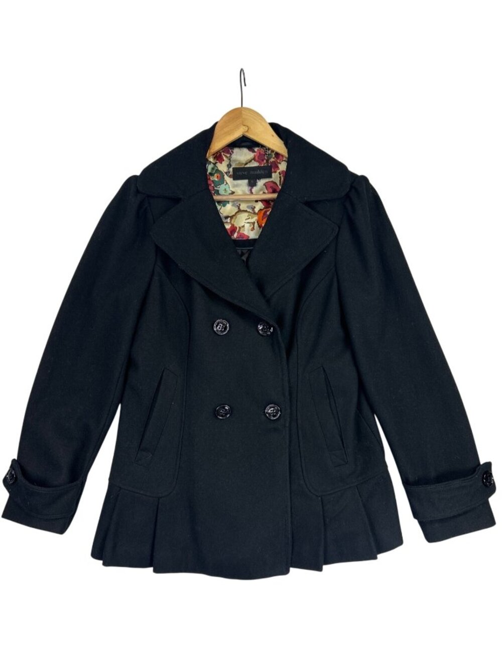 Steve Madden Women’s L Black Wool Peacoat Double Breasted Floral Lining Coat